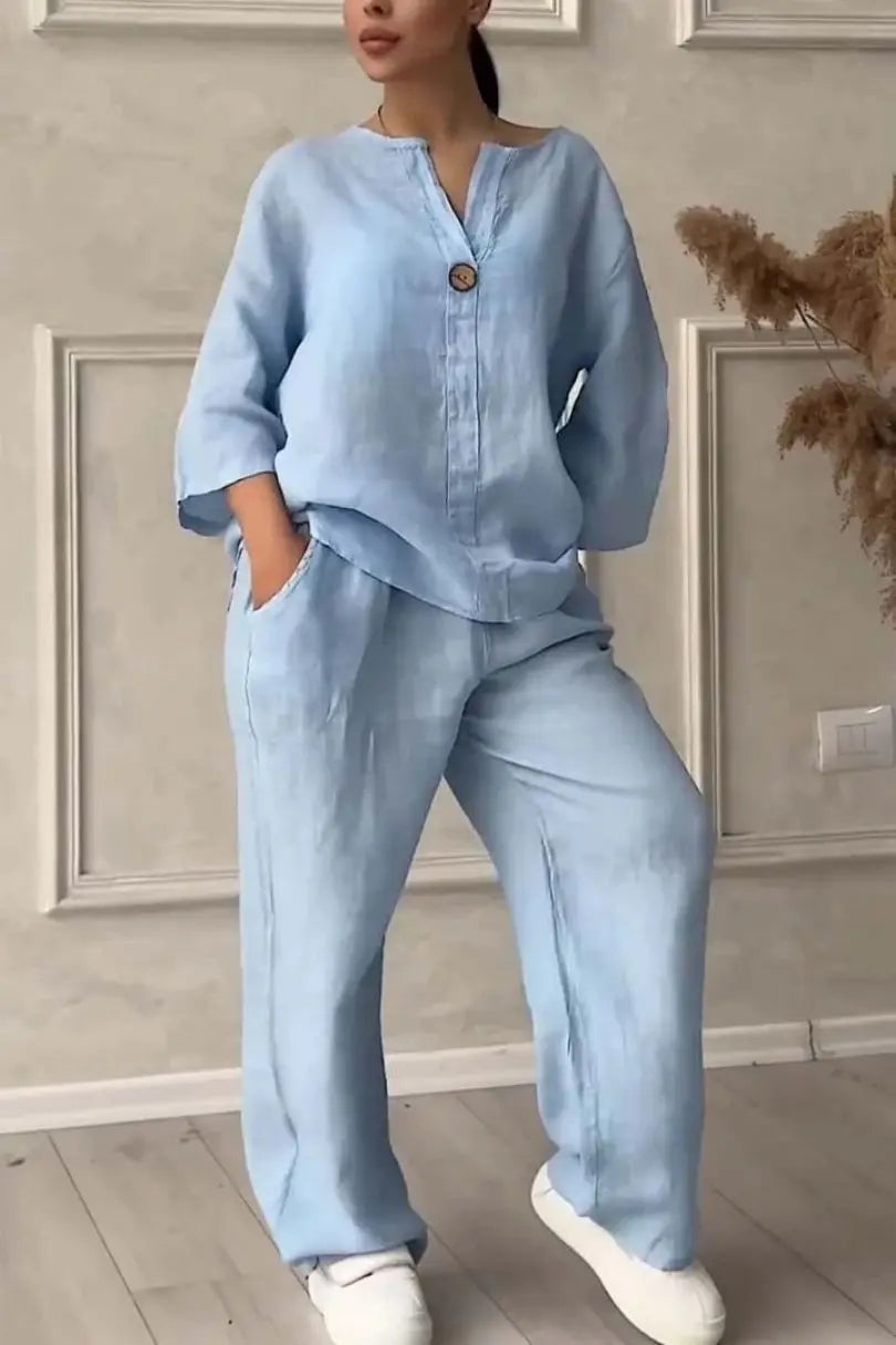 Comfortable Loose Cotton Linen Women's two pieces set Top Wide Leg Pants Casual  Fashion Set Suits Spring Summer Wear Outfits