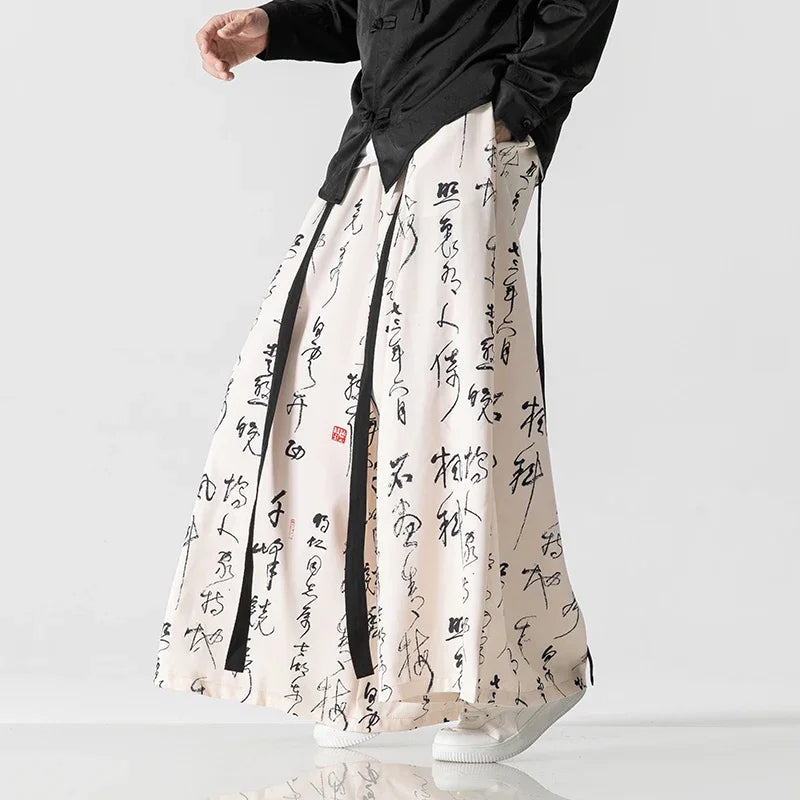 Wide Leg Pants Men's Ukiyo-e Print Elastic Waist Loose Trousers Mens Streetwear Japan Samurai  Casual Joggers Vintage Long Pants