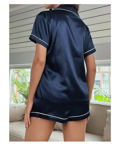 Women's Sleepwear Silk Satin Pajamas Set Button-Down Pyjama Shorts Suit Pijama Femme Loungewear Pj Sets Solid Color Home Clothes