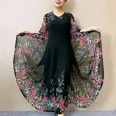 Women's Clothing Stylish Floral Printed Long Dress Summer Short Sleeve Casual Gauze Spliced Elegant V-Neck A-Line Waist Dresses