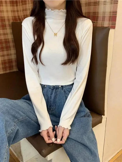 Skinny High Elastic Mock Neck Pullover Long Sleeve T-shirts For Women