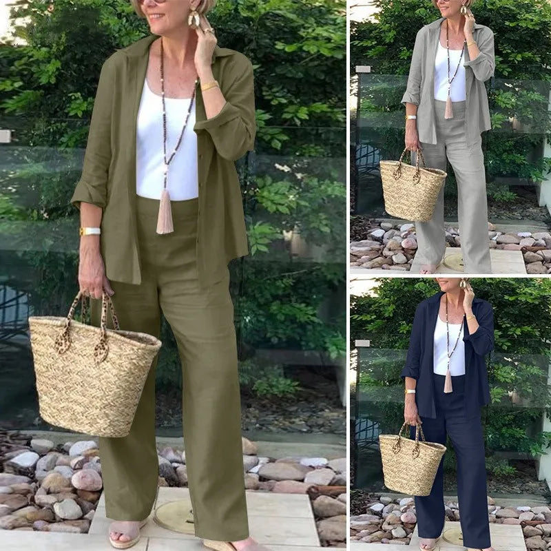 Cotton Linen Sets Womens Outifits Mathing Grey Long Sleeve Lapel Shirt Blouse Casual Long Pant Two Piece Tracksuit Suits