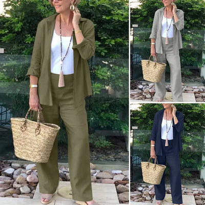 Cotton Linen Sets Womens Outifits Mathing Grey Long Sleeve Lapel Shirt Blouse Casual Long Pant Two Piece Tracksuit Suits
