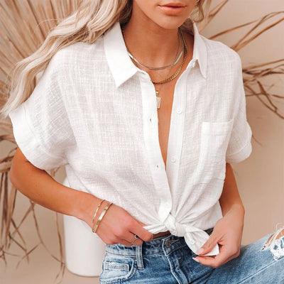 Women's Cotton Linen Shirt Short Sleeves Casual Tops Elegant Blouses Summer Shirts for Women 21929