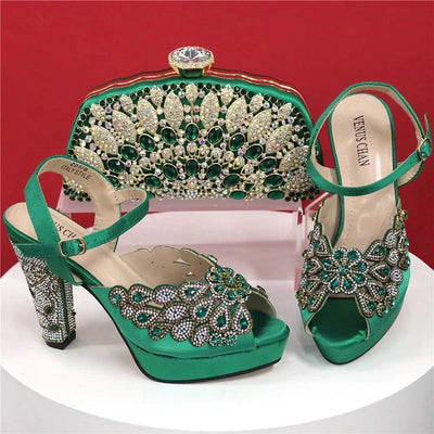 Embroidery Italian Design Pointed-Toe High-heeled Shoes and Bags Set for Women