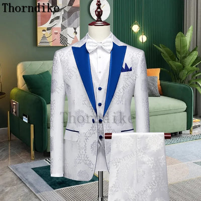 Thorndike Classic White Groom Tuxedo Groomsmen One Buttons Royal Blue Peaked Lapel Best Man Suit Wedding Men's Blazer Costume