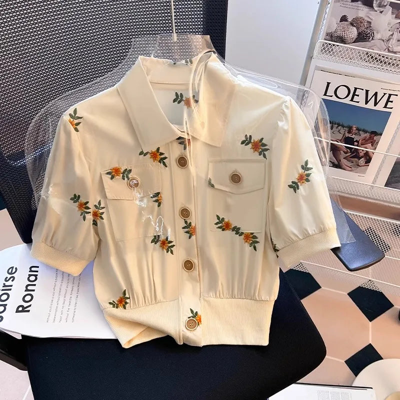 Summer Cotton Linen Frence Women Aesthetic Shirts High Quality Embroidery Floral Puff Sleeve Single Breasted Lapel Polo Collar