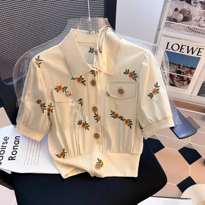 Summer Cotton Linen Frence Women Aesthetic Shirts High Quality Embroidery Floral Puff Sleeve Single Breasted Lapel Polo Collar