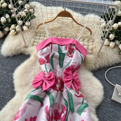 Women's Dress 2025 Summer Light Luxury Three-Dimensional Butterfly Butterfly Waist Cinched Suspender Printed Large Swing Dress