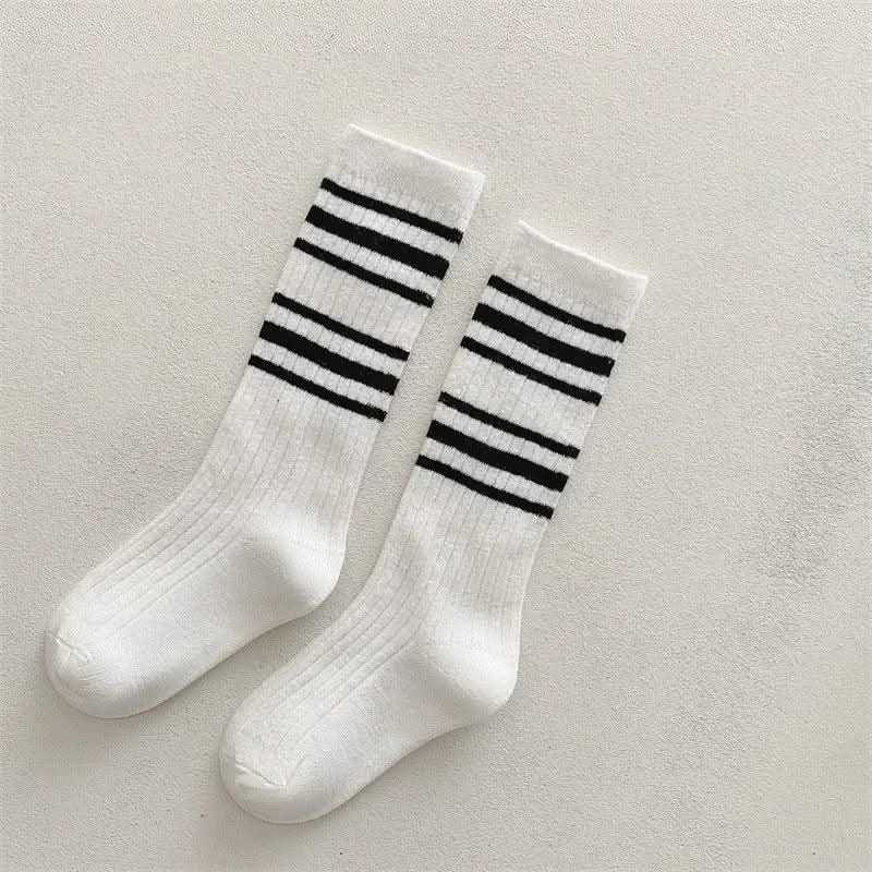 Spring Autumn Baby Cotton Kids Floor Sport Stockings New Korean White Black Striped Knee High Long Socks for Children Clothes