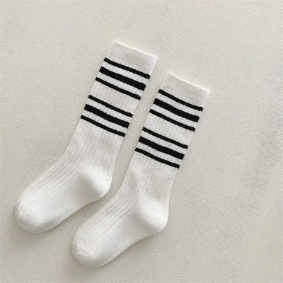 Spring Autumn Baby Cotton Kids Floor Sport Stockings New Korean White Black Striped Knee High Long Socks for Children Clothes