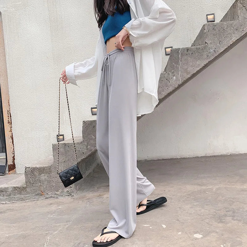 New Women Ankle-Length Wide Leg Pants Casual Summer Solid Elastic Waist Loose Ice Silk Pants Spring Summer Female Trousers