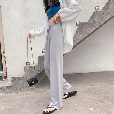 New Women Ankle-Length Wide Leg Pants Casual Summer Solid Elastic Waist Loose Ice Silk Pants Spring Summer Female Trousers