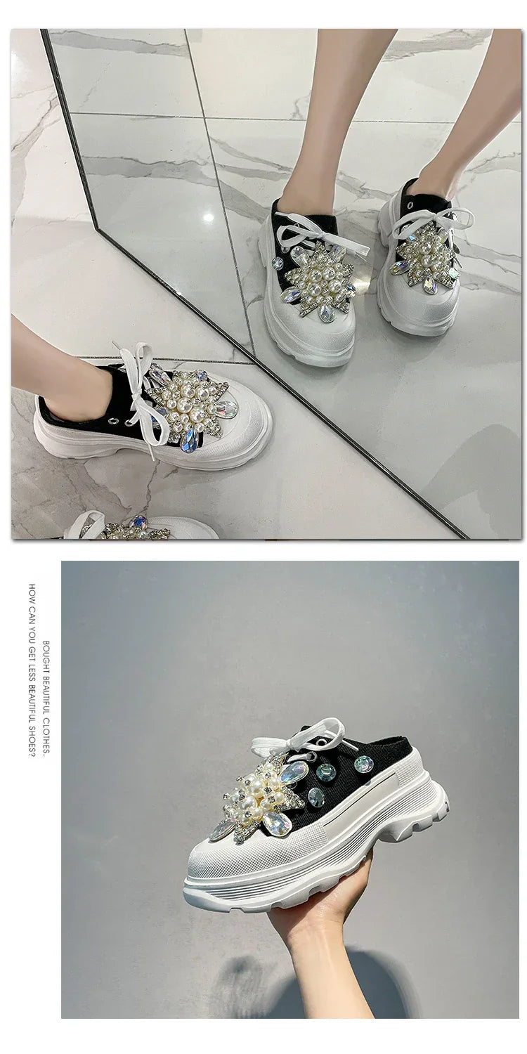 Spring New Women Sneakers Slipper Designer Platform Mules Flat Sandal Sweet Casual Lace Up Pearl Crystal Shallow Ladies Shoes