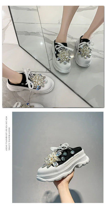 Spring New Women Sneakers Slipper Designer Platform Mules Flat Sandal Sweet Casual Lace Up Pearl Crystal Shallow Ladies Shoes