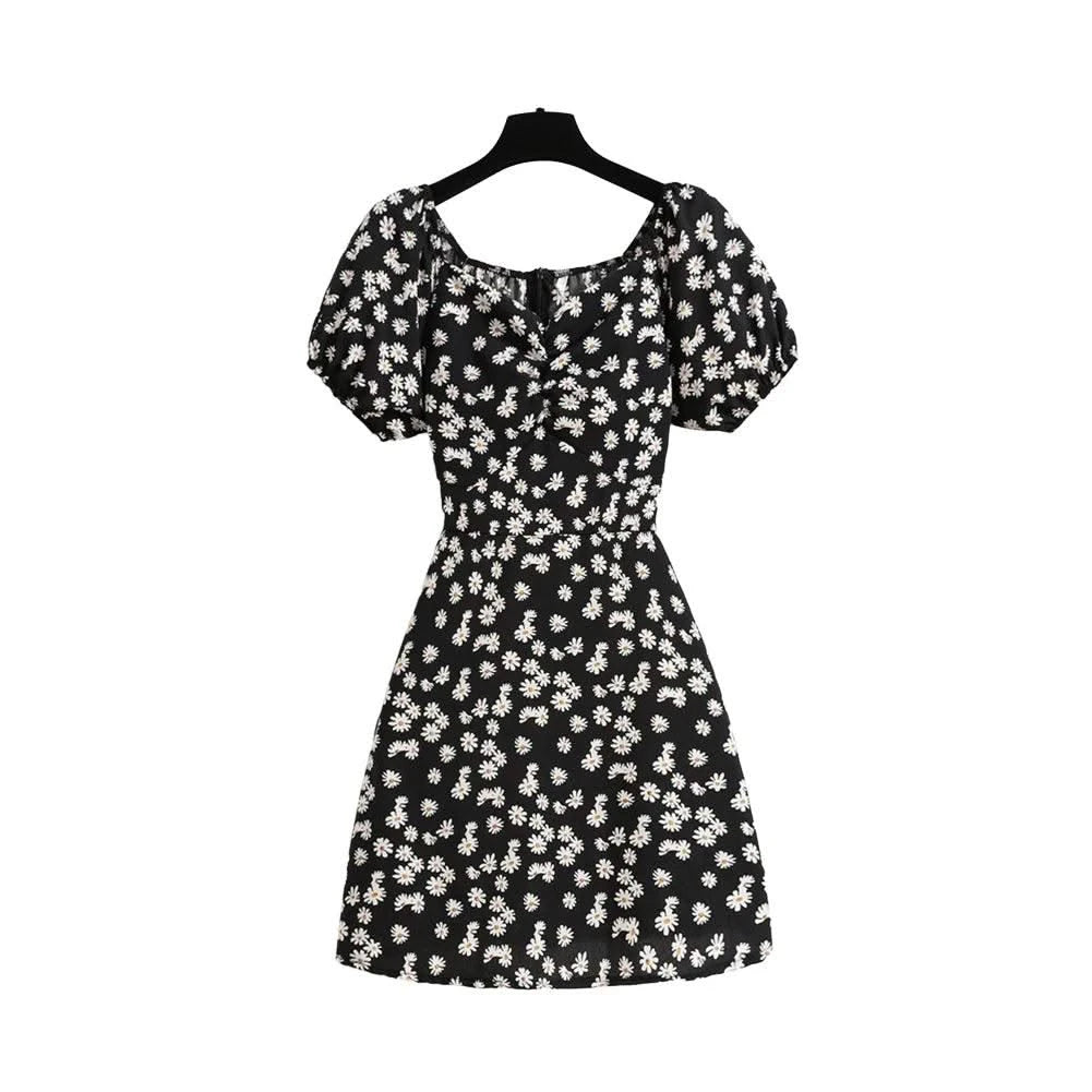 Women Mini Dresses Summer Fashion Female Vestidos Print Floral Chiffon Dresses Shirring Pleated Short Puffy Sleeve Casual Dress