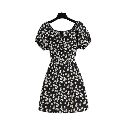 Women Mini Dresses Summer Fashion Female Vestidos Print Floral Chiffon Dresses Shirring Pleated Short Puffy Sleeve Casual Dress