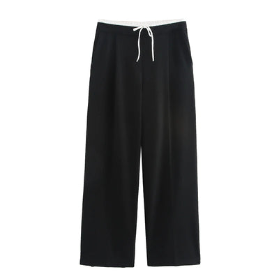 Wide Leg Pants For Women Straight Autumn Coffee Tie Up Casual Trousers Women Gray Loose Pants Ladies Black Trousers Office