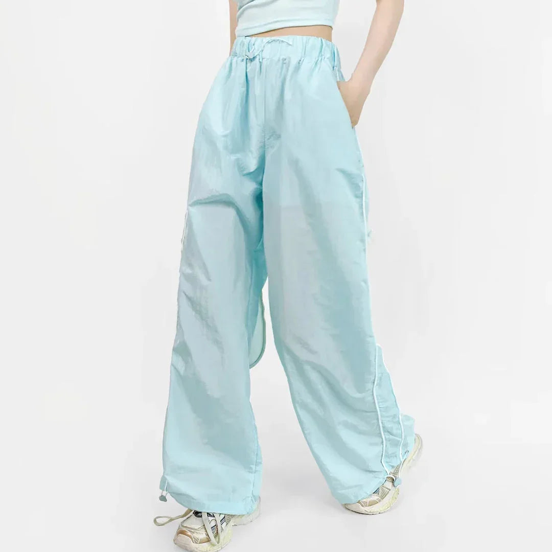 Women's Wide-Leg Joggers Adjustable Ankle Cuffs Side Stripes Drawstring Waist Lightweight Streetwear