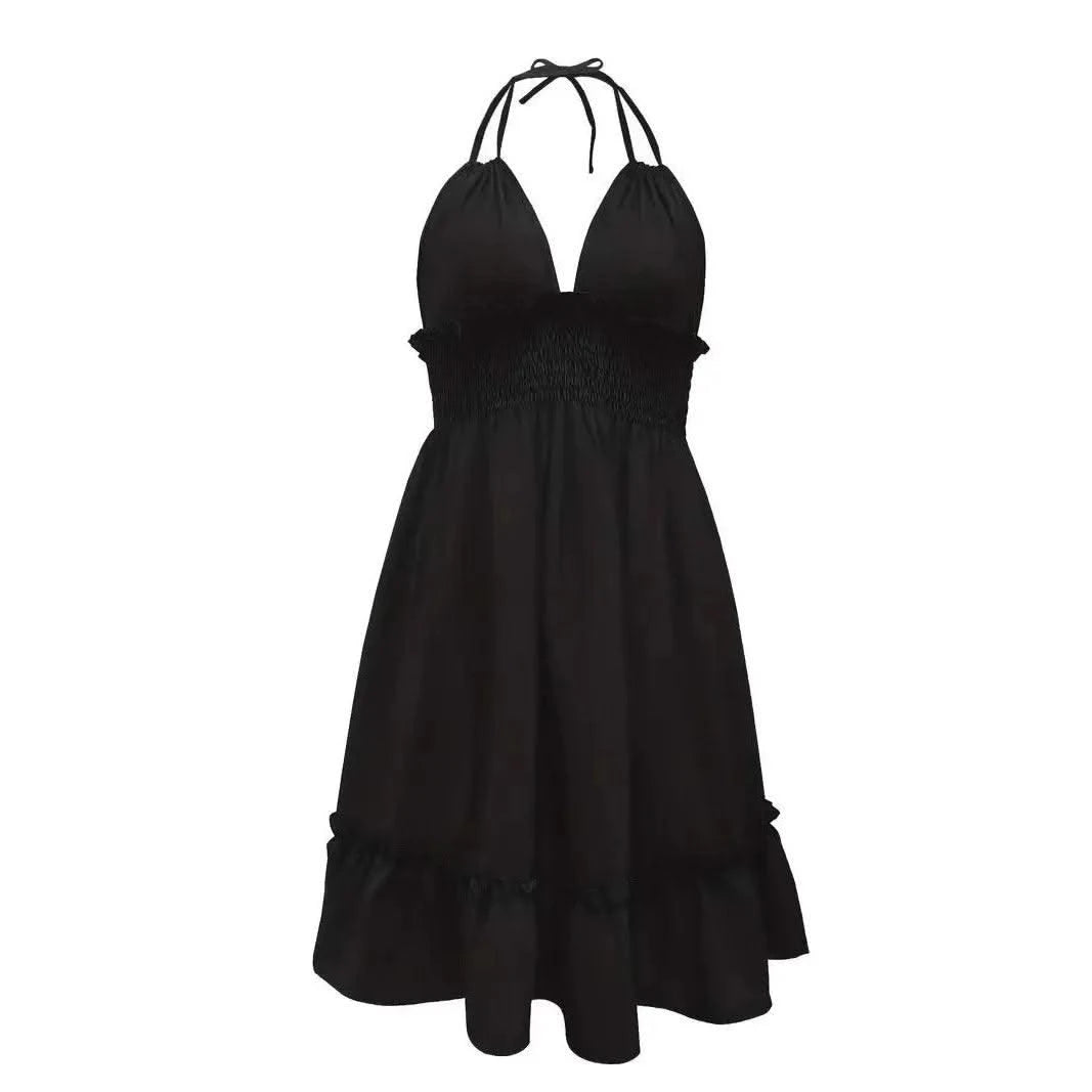 Summer Dresses For Women Trendy Solid Boho Dress V Neck Sleeveless Halter Backless Sundress Ruffles Holiday Beach Dresses