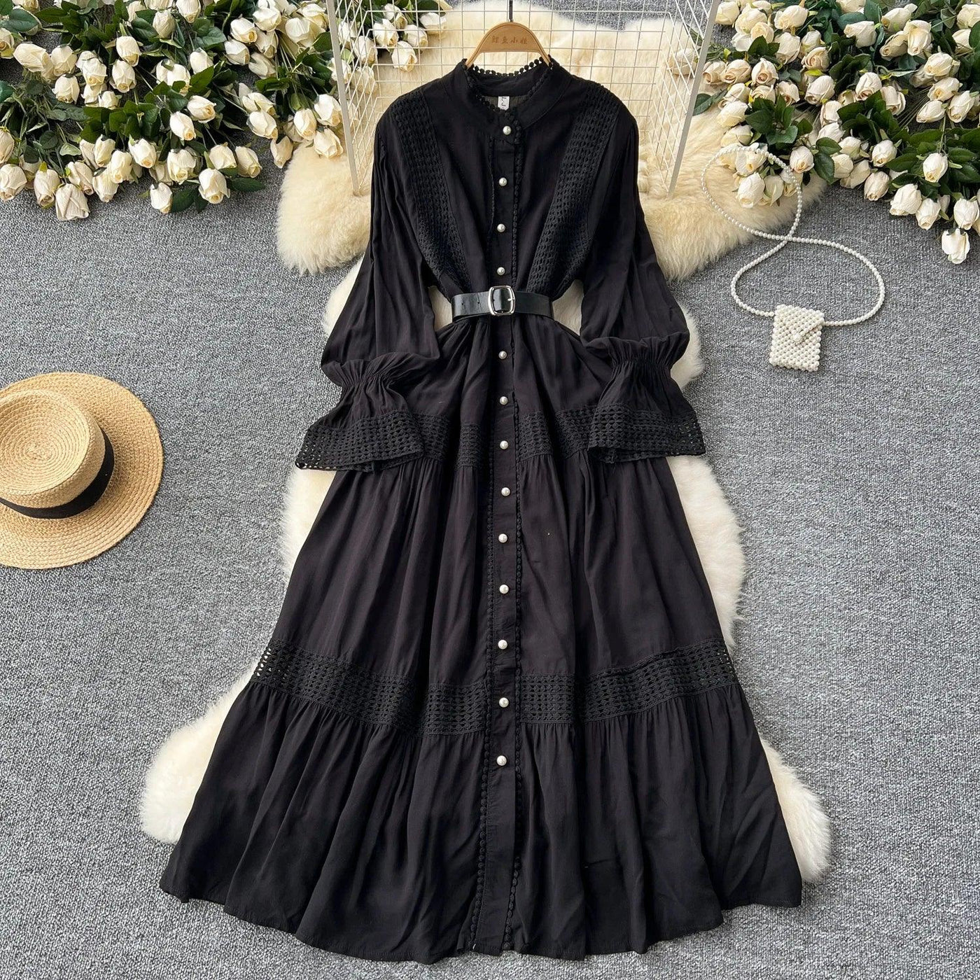 Retro Elegant Summer Stand Collar Flare Sleeve Single Breasted Lace Spliced Dress A-line French Evening Party Women Dresses