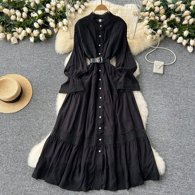 Retro Elegant Summer Stand Collar Flare Sleeve Single Breasted Lace Spliced Dress A-line French Evening Party Women Dresses