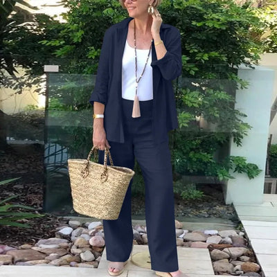 Cotton Linen Sets Womens Outifits Mathing Grey Long Sleeve Lapel Shirt Blouse Casual Long Pant Two Piece Tracksuit Suits