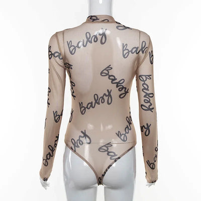 Summer Sexy Letter Print Transparent Mesh Bodysuits Long Sleeve See Through Baby Bodycon Rompers Women Jumpsuits