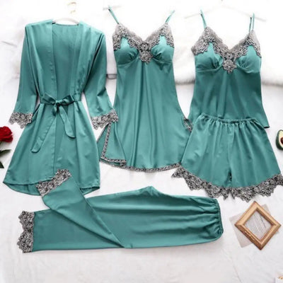 5-piece Loungewear Set Silky Satin Lace Patchwork Women's Pajamas Set with Top Shorts Pants Loose Lace-up Waist Homewear