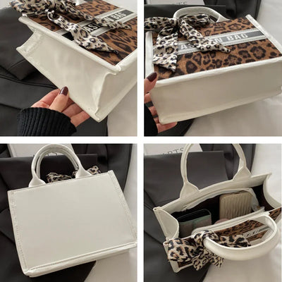 Fashion Leopard Print Top-handle Bags For Women, Bow Ribbon Decoration Designer Handbags Ladies Casual Tote