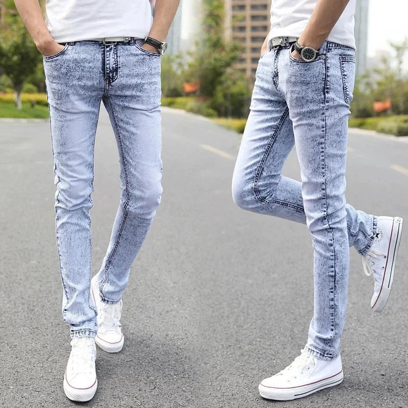 2024 New Men Stretch Skinny Jeans Male Designer Brand Super Elastic Straight Trousers Jeans Slim Fit Fashion Jeans , Sky blue