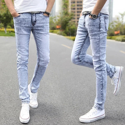 2024 New Men Stretch Skinny Jeans Male Designer Brand Super Elastic Straight Trousers Jeans Slim Fit Fashion Jeans , Sky blue