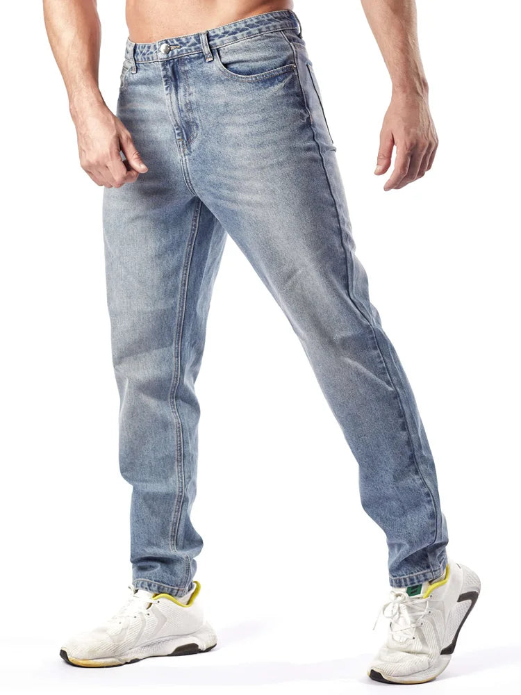 Men's Straight Leg Denim Jeans Male Casual Mid-Waist with Pockets Pants Non-Stretching Outdoor Cotton Fashion Trousers AM-4