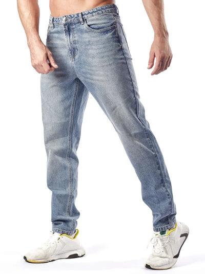 Men's Straight Leg Denim Jeans Male Casual Mid-Waist with Pockets Pants Non-Stretching Outdoor Cotton Fashion Trousers AM-4