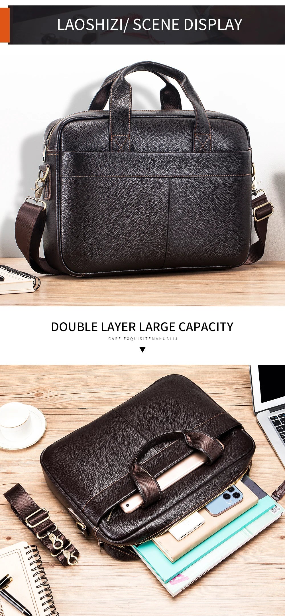 Hot selling men's bags, leather handbags, men's top layer cowhide briefcase, 14 inch computer file bag