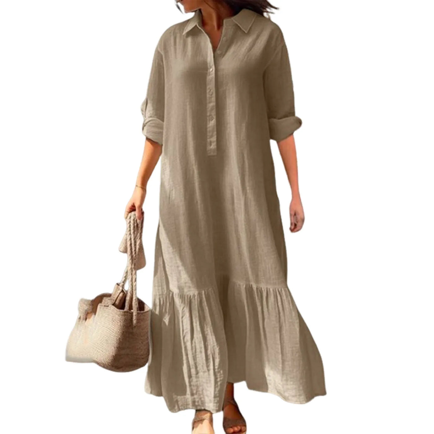 Stylish Button-breasted Dress for Women Elegant V-neck Cotton Linen Dress with Long Sleeves Button Decoration for Summer Ladies