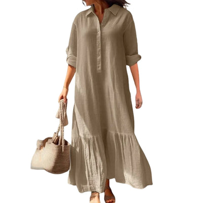 Stylish Button-breasted Dress for Women Elegant V-neck Cotton Linen Dress with Long Sleeves Button Decoration for Summer Ladies
