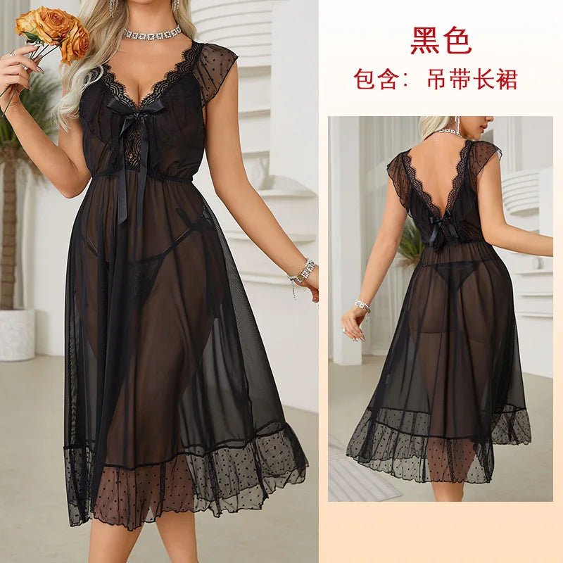 Women's Sexy Lingerie Nightgown Semi Sheer Babydoll Sleepwear Dress With Polka Dots Bow Knot Decor Summer Mesh V-Neck Loungewear