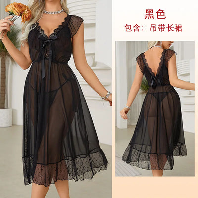 Women's Sexy Lingerie Nightgown Semi Sheer Babydoll Sleepwear Dress With Polka Dots Bow Knot Decor Summer Mesh V-Neck Loungewear