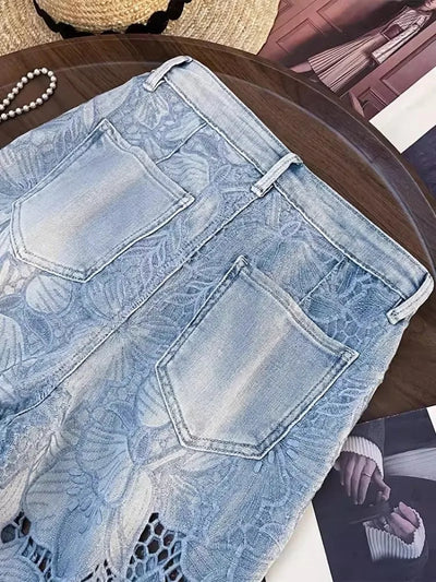 Summer Women Lace Floral Embroidery Wide Leg Denim Pants Spliced Loose Fit High Waist Hollow Out Jeans Streetwear Long Trousers