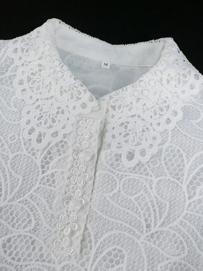 White Lace Dresses for Women Wedding Guests Elegant Turn Down Collar Puff Sleeves Pleated Hem Midi Dress Luxury Occasion Clothes
