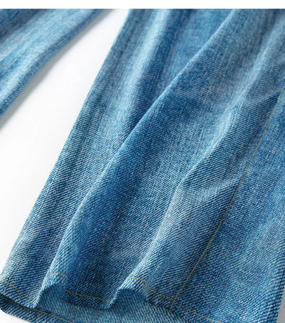 Women Pants 100% Mulberry Silk 16 momme Blue Jeans Printed Pocket Wide Leg Long Trousers Elastic Waist Office Lady M L XL MM858