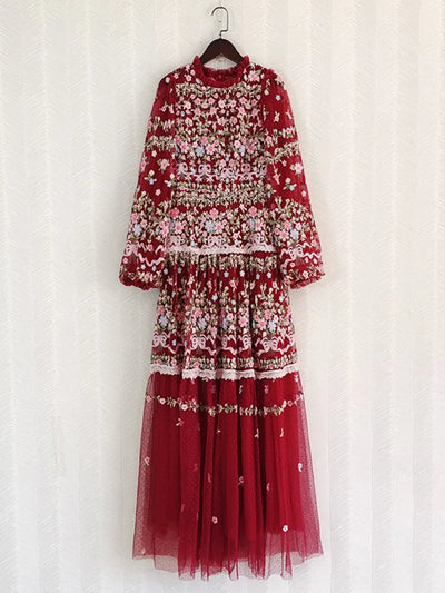 QMQA Fashion Women's Embroidery Dresses Round Neck High Waist Bow Mesh Spliced Long Sleeve Elegant Dress Female 2024 1A102