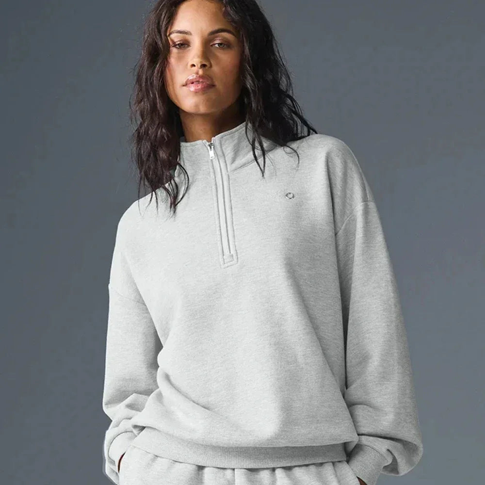 Women Sweatshirt  Accolade 1/4 Zip Pullover Yoga Leisure Top Stand Up Collar Coat Hoodie Fitness Loose Wide Leg Shorts Sport Set