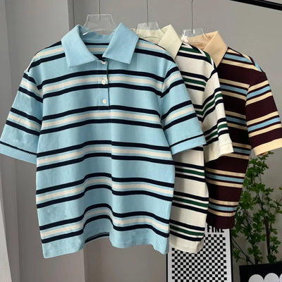 Hirsionsan Polo Neck T Shirt Women Soft Chic Tees 95% Cotton Jumper Clothes Loose Casual Pullover 2025 Summer New Crop Tops