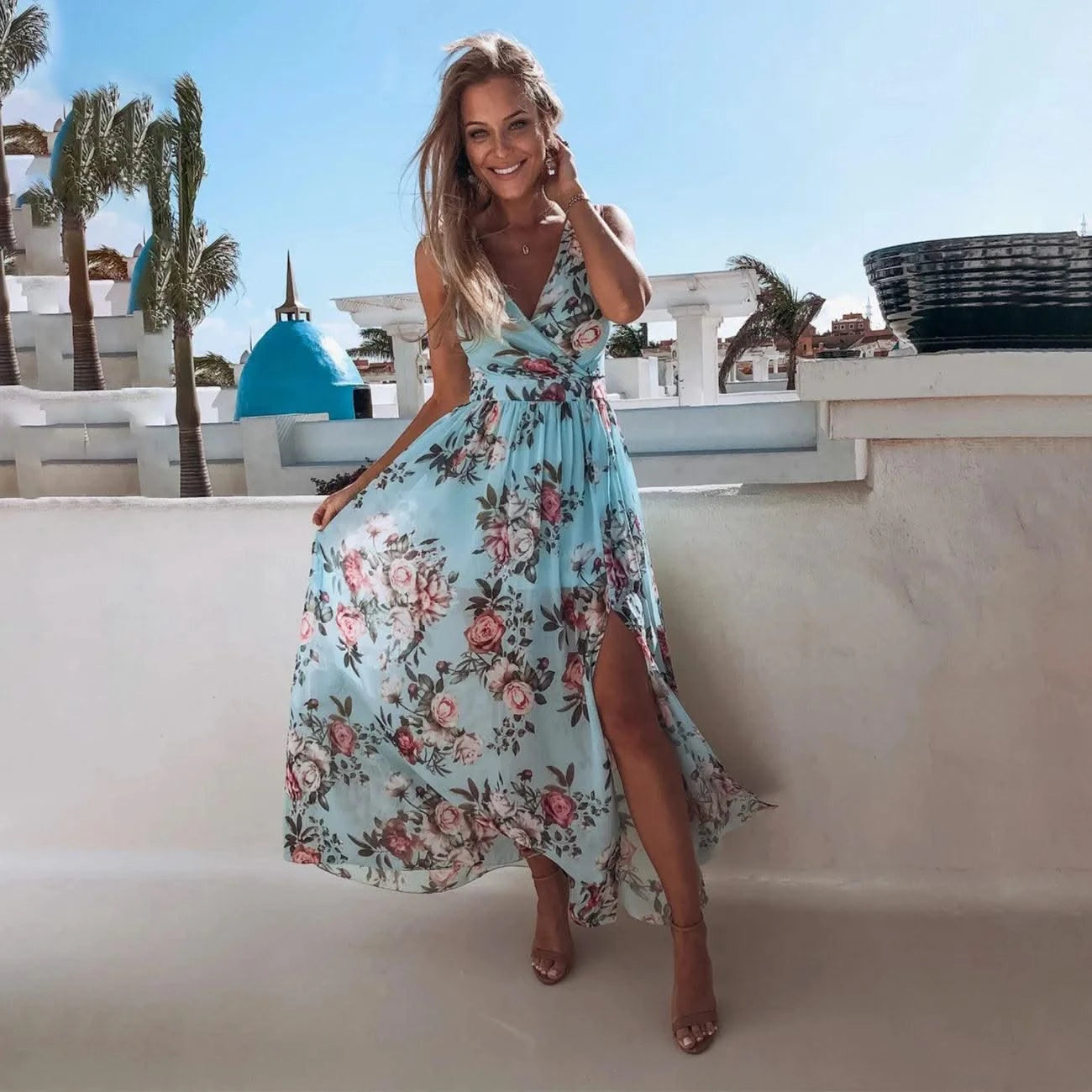 Summer Women Dress Floral Print Fashion Slim V-Neck Tie-Up Backless Chiffon Sexy Sleeveless Slit Maxi Cover-Ups Robe Beach Dress