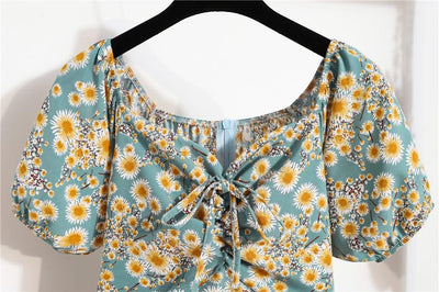 Women Mini Printed Floral Chiffon Shirring Pleated Short Puffy Sleeve Casual Dresses Summer Fashion