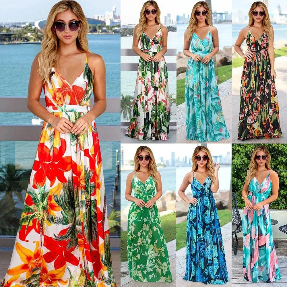 Floral Dress Women's Summer Dress Sexy Backless V-neck Suspender Long Dress