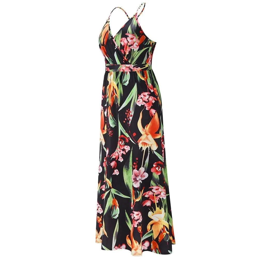 Floral Dress Women's Summer Dress Sexy Backless V-neck Suspender Long Dress