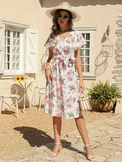 Floral Print Midi Dress Women Robe Elegant Chic